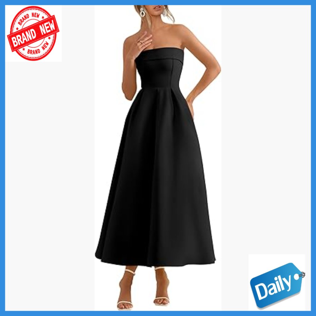 Strapless Tube Midi Dress Formal Wedding Guest Cocktail Party A-Line